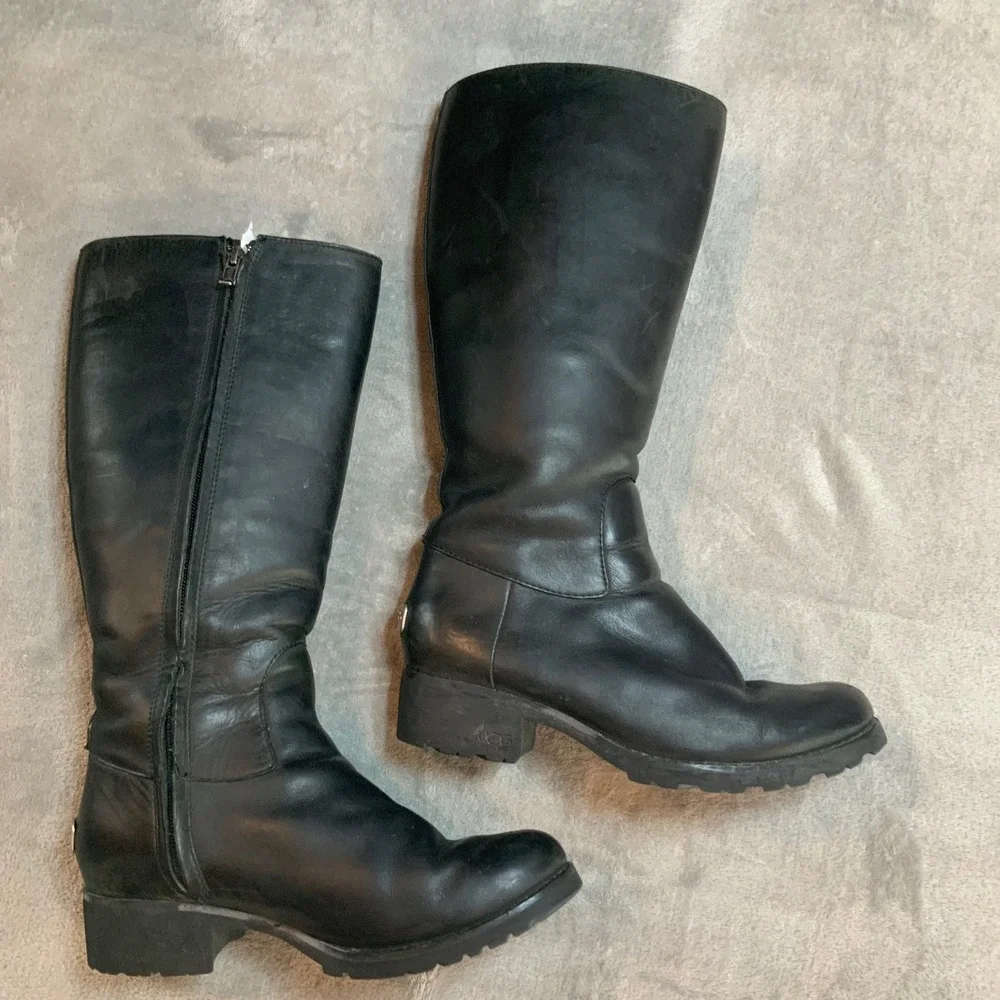 UGG Australia 1916 Black Leather Tall Knee High Shearling Lined Boots Womens 8